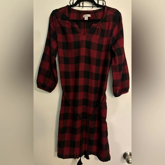 Bass Dresses & Skirts - Bass Womens Dark Red Black Buffalo Plaid Belted Notch Collar 3/4 Sleeve Dress‎